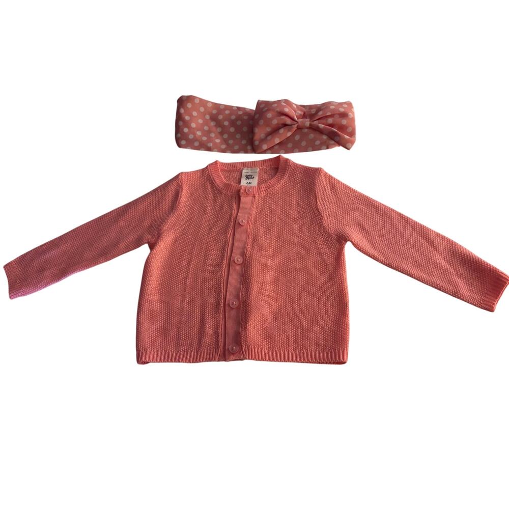 Baby B’Gosh 6 Month Girl Peach Cardigan Sweater Matching Polka Dot Bow Headband!